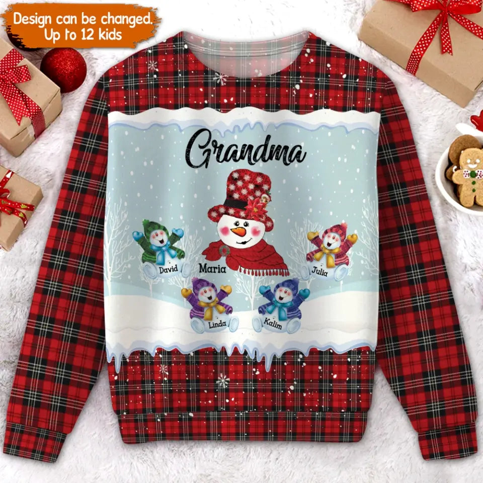 Personalized Grandma Snowman with Kid Names Red Caro Ugly Sweater Printed QTPN23732