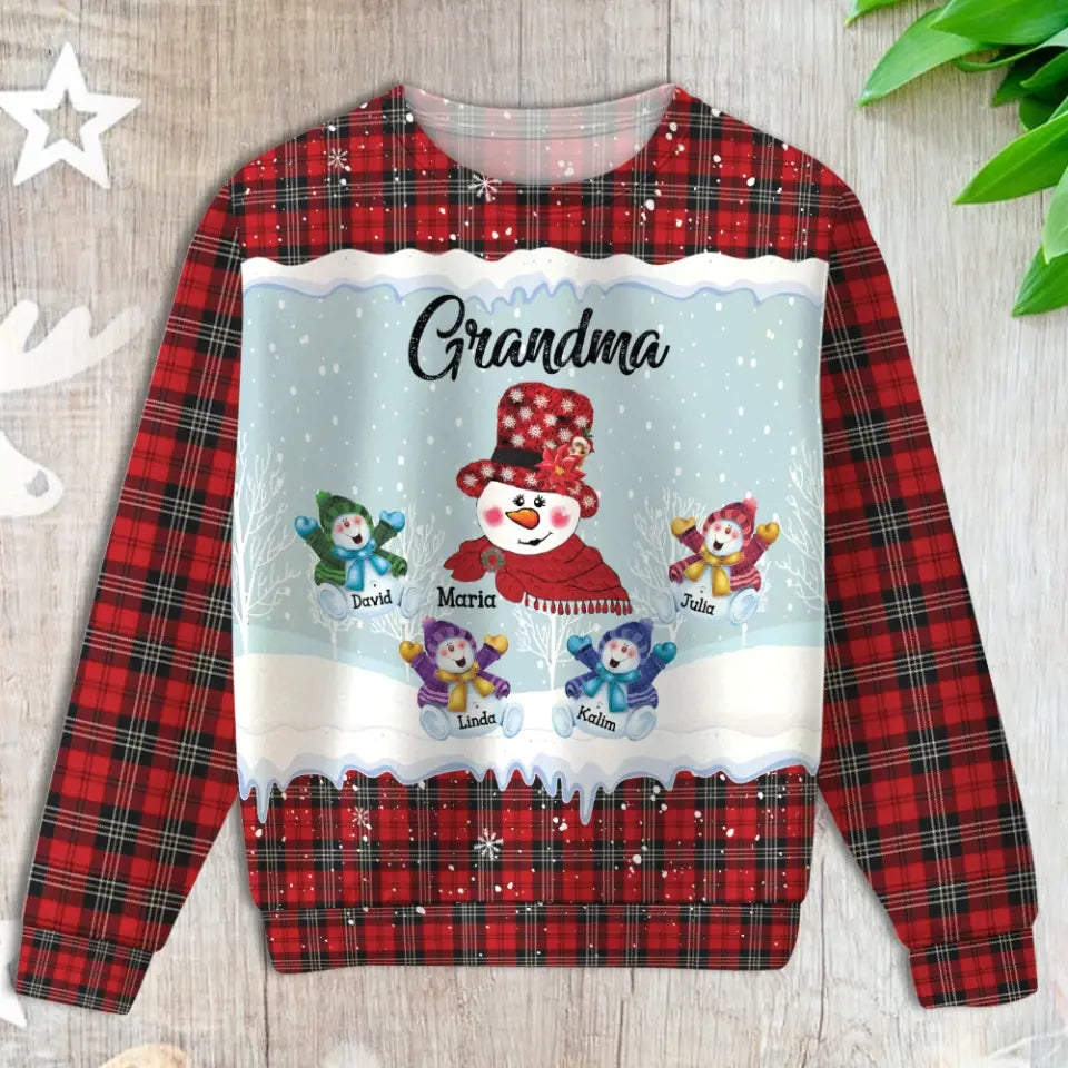 Personalized Grandma Snowman with Kid Names Red Caro Ugly Sweater Printed QTPN23732