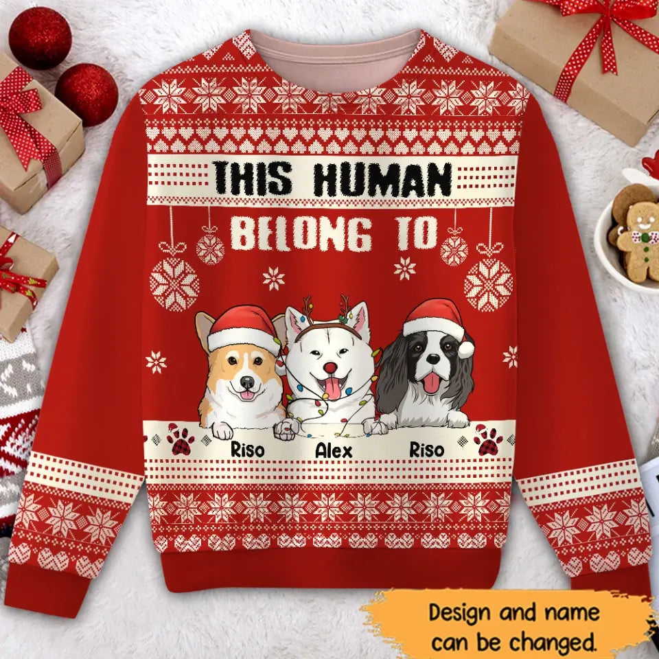 Personalized This Human Belong To Dog Xmas Ugly Sweater Printed HTHHN23783