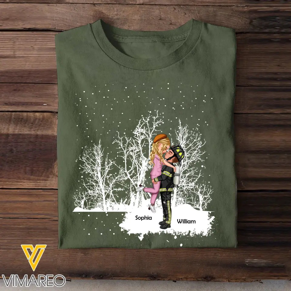 Personalized Couple Firefighter In The Snow T-shirt Printed QTHN23853