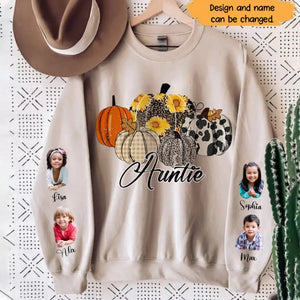 Personalized Upload Kid Photo Auntie Pumpkin Custom Kid Names Sweater Printed HTHHN23858