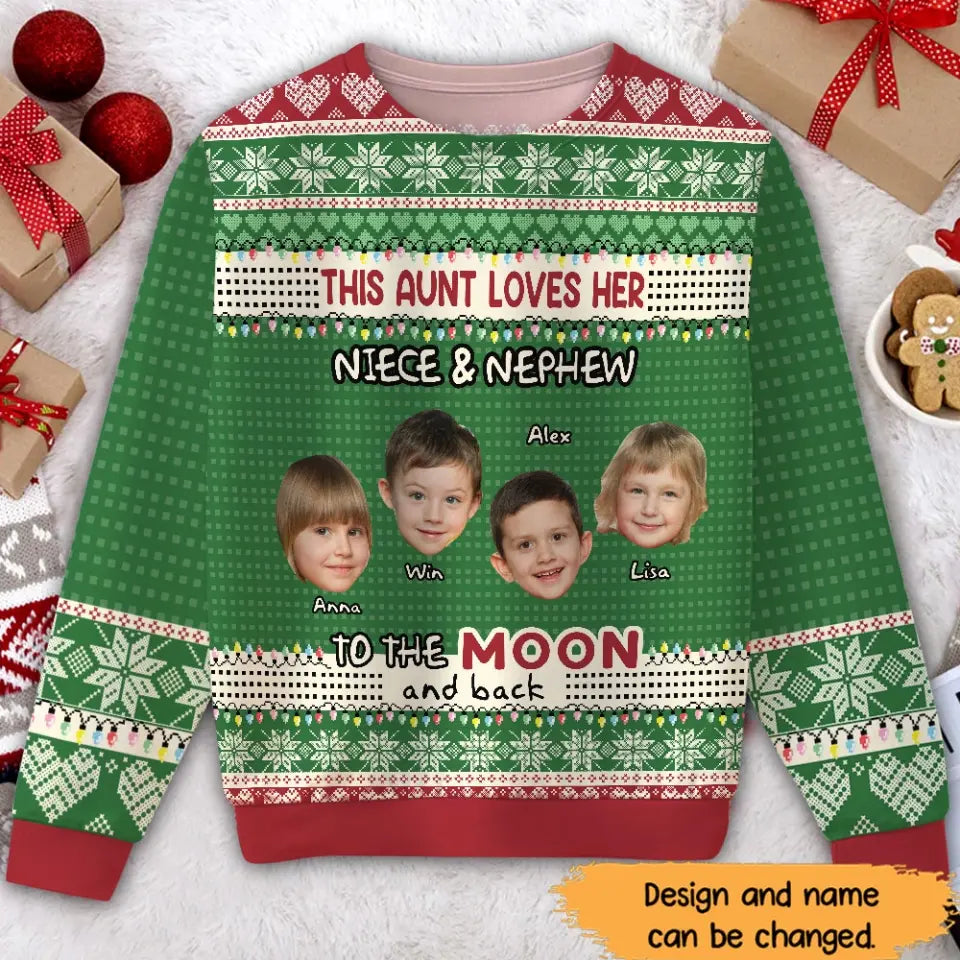 Personalized Upload Photo This Aunt Lovers Her Niece & Nephew To The Moon And Back Ugly Sweater Printed HTHHN23896