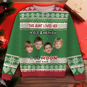 Personalized Upload Photo This Aunt Lovers Her Niece & Nephew To The Moon And Back Ugly Sweater Printed HTHHN23896