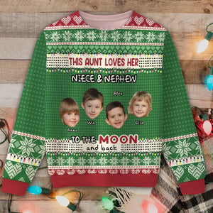 Personalized Upload Photo This Aunt Lovers Her Niece & Nephew To The Moon And Back Ugly Sweater Printed HTHHN23896