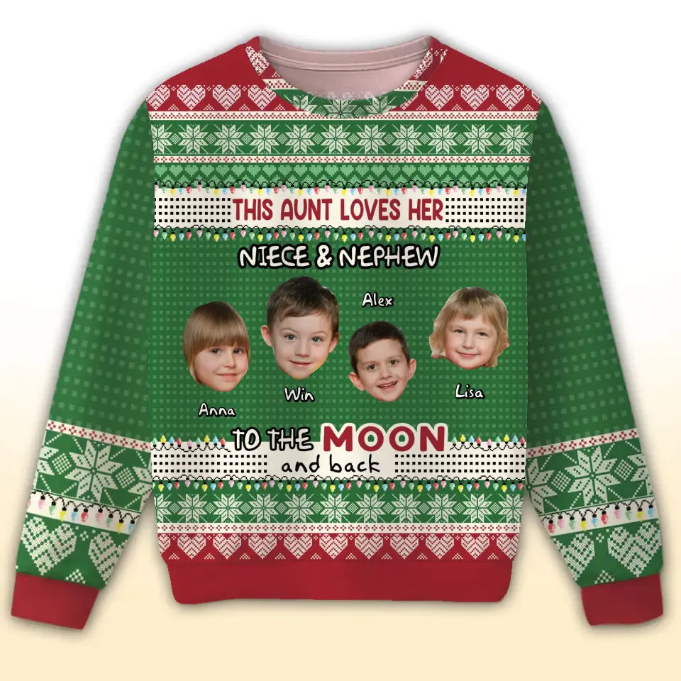 Personalized Upload Photo This Aunt Lovers Her Niece & Nephew To The Moon And Back Ugly Sweater Printed HTHHN23896