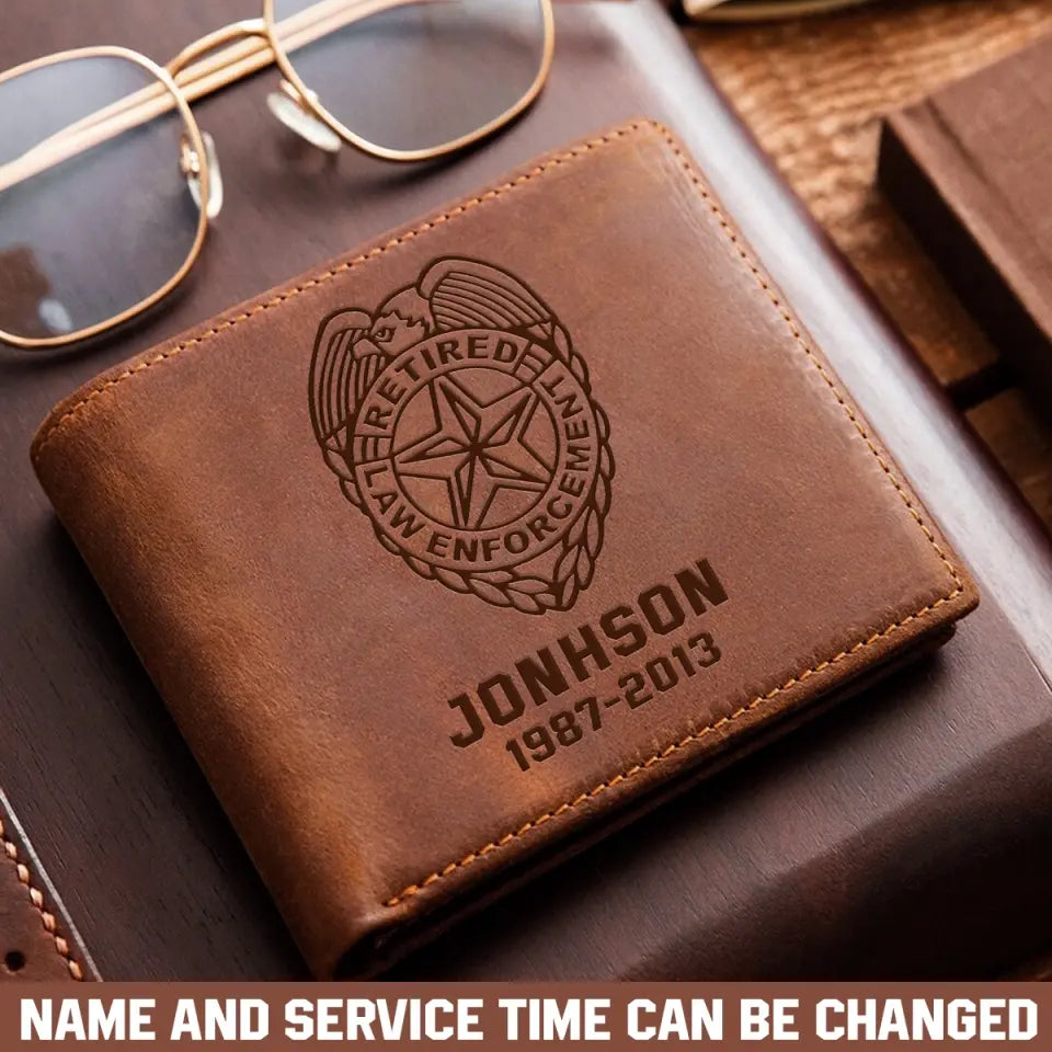 Personalized Retired Law Enforcement Custom Name And Served Time Laser Leather Wallet QTKH907