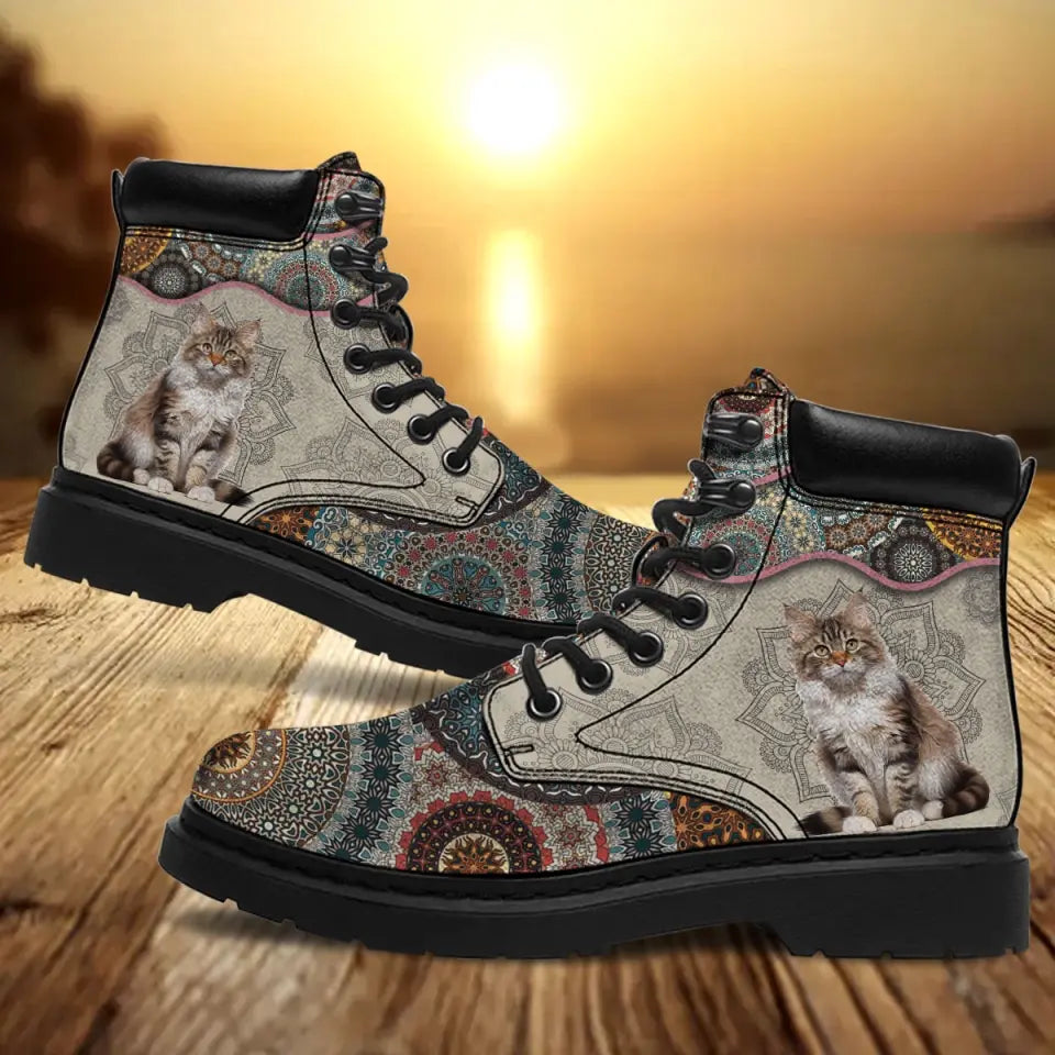 Personalized Upload Your Cat Photo Leather Boots Printed VQ23937