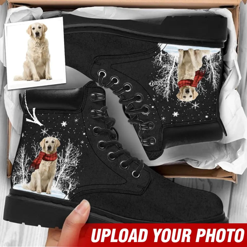 Personalized Upload Your Dog Photo Snow Vibes Leather Boots Printed VQ23967