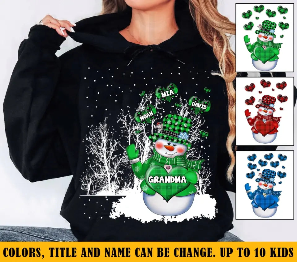 Personalized Grandma Snowman Hearts with Kid Names Xmas Gift Hoodie or Sweatshirt 2D Printed KVH231025