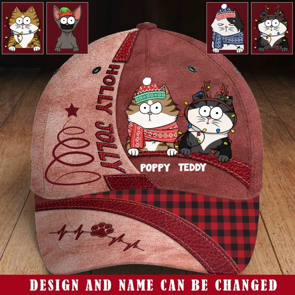 Personalized Holly Jolly Cat Noel Custom Name Christmas Gift Cap Printed HTHKVH231040