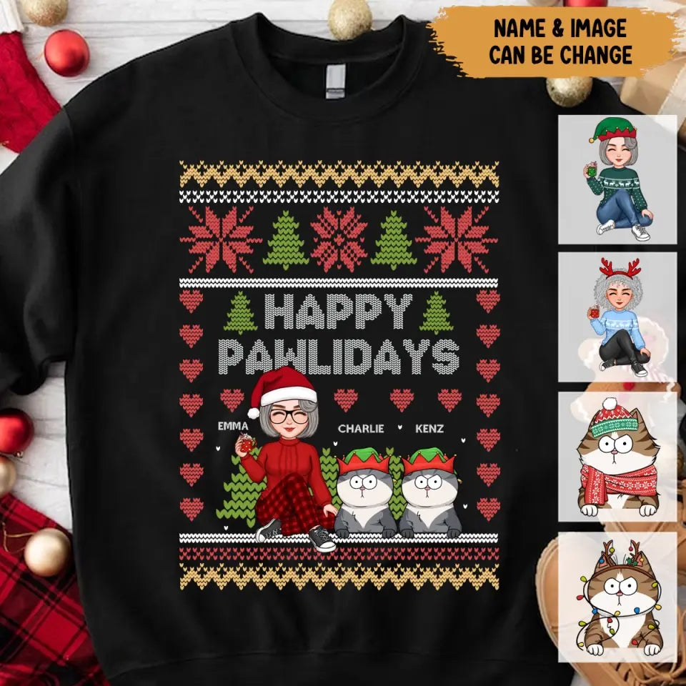 Personalized Happy Pawlidays Cat Mom Cat Xmas Christmas Gift Sweatshirt Printed LVA231042