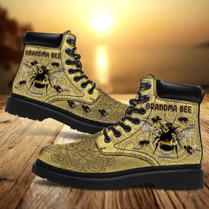 Personalized Grandma Bee & Kid Names Leather Boots Printed HTHVQ231082