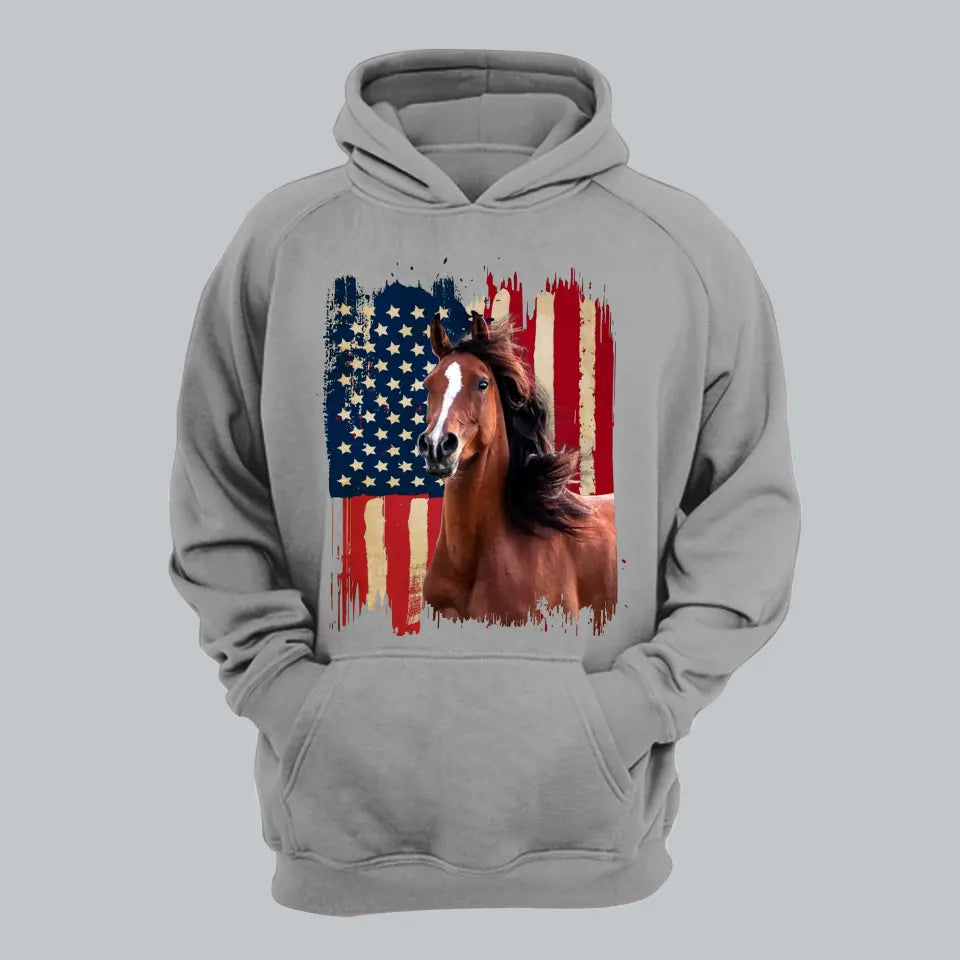 Personalized Upload Your Horse Photo US Flag Horse Hoodie 2D Printed HN231258