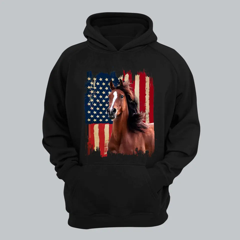 Personalized Upload Your Horse Photo US Flag Horse Hoodie 2D Printed HN231258