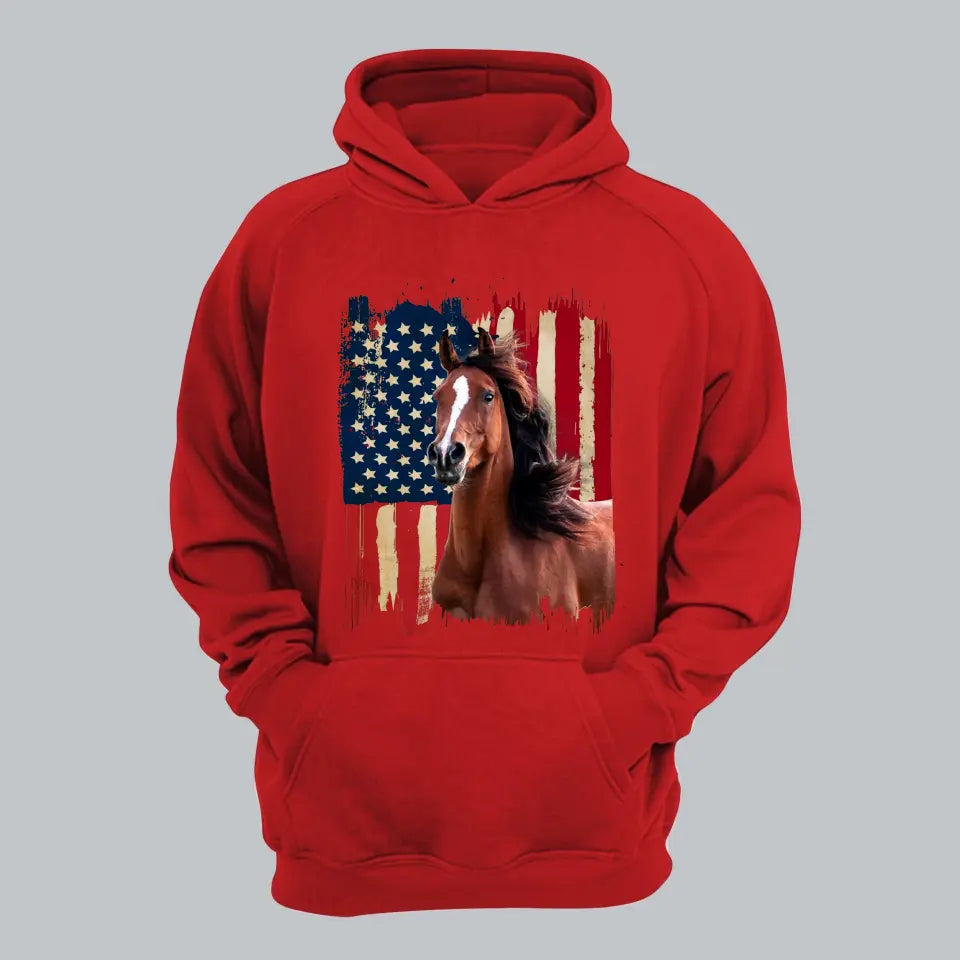 Personalized Upload Your Horse Photo US Flag Horse Hoodie 2D Printed HN231258