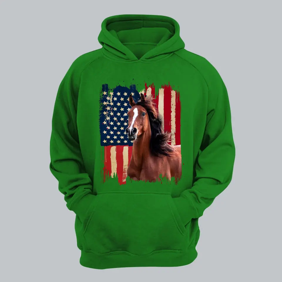 Personalized Upload Your Horse Photo US Flag Horse Hoodie 2D Printed HN231258