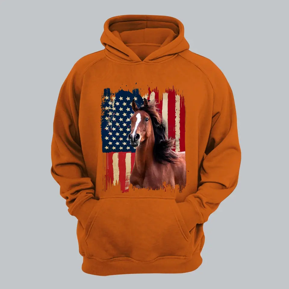 Personalized Upload Your Horse Photo US Flag Horse Hoodie 2D Printed HN231258