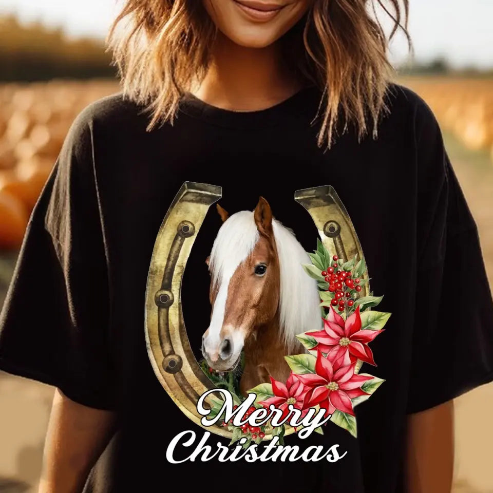 Personalized Upload Your Horse Photo Merry Christmas T-shirt Printed MTVQ231284