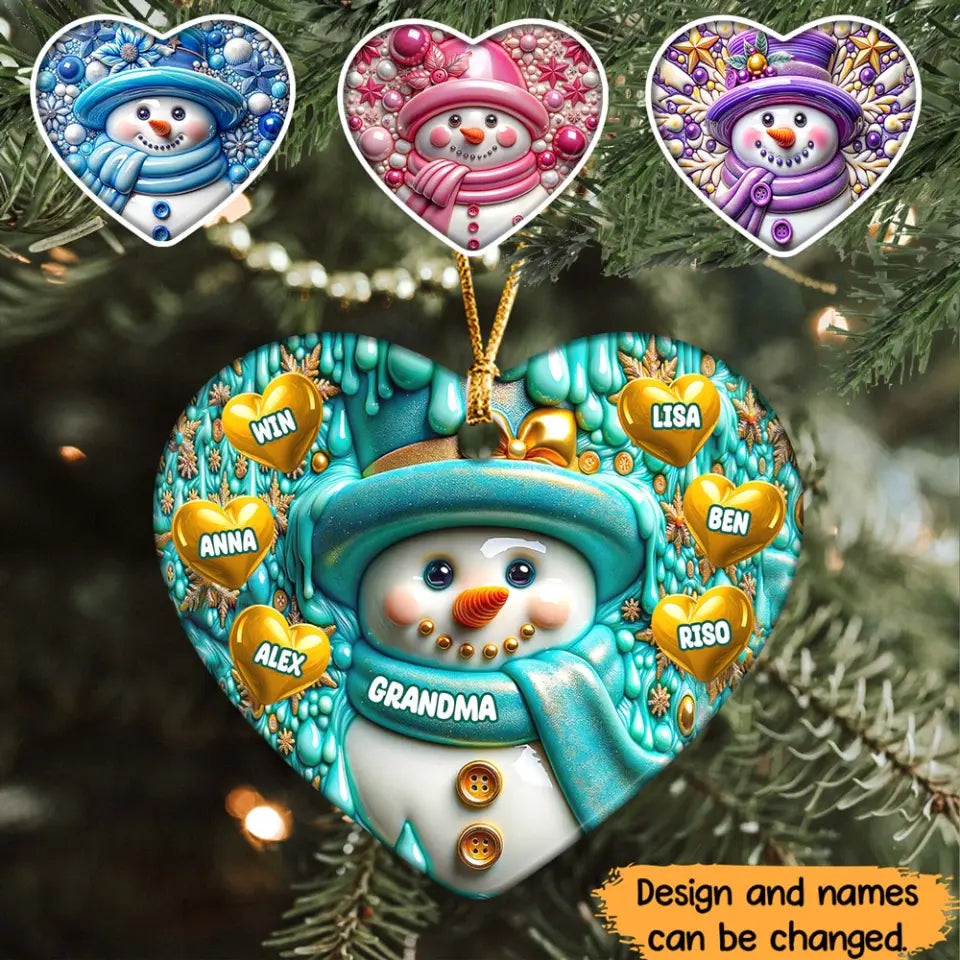 Personalized Grandma Snowman Heart with Kid Names 3D Wrap Bundle Heart Ceramic Ornament Printed HN231287