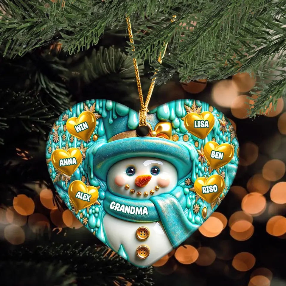 Personalized Grandma Snowman Heart with Kid Names 3D Wrap Bundle Heart Ceramic Ornament Printed HN231287