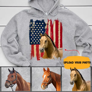 Personalized Upload Your Horse Photo US Flag Background Hoodie 2D Printed KVH231362