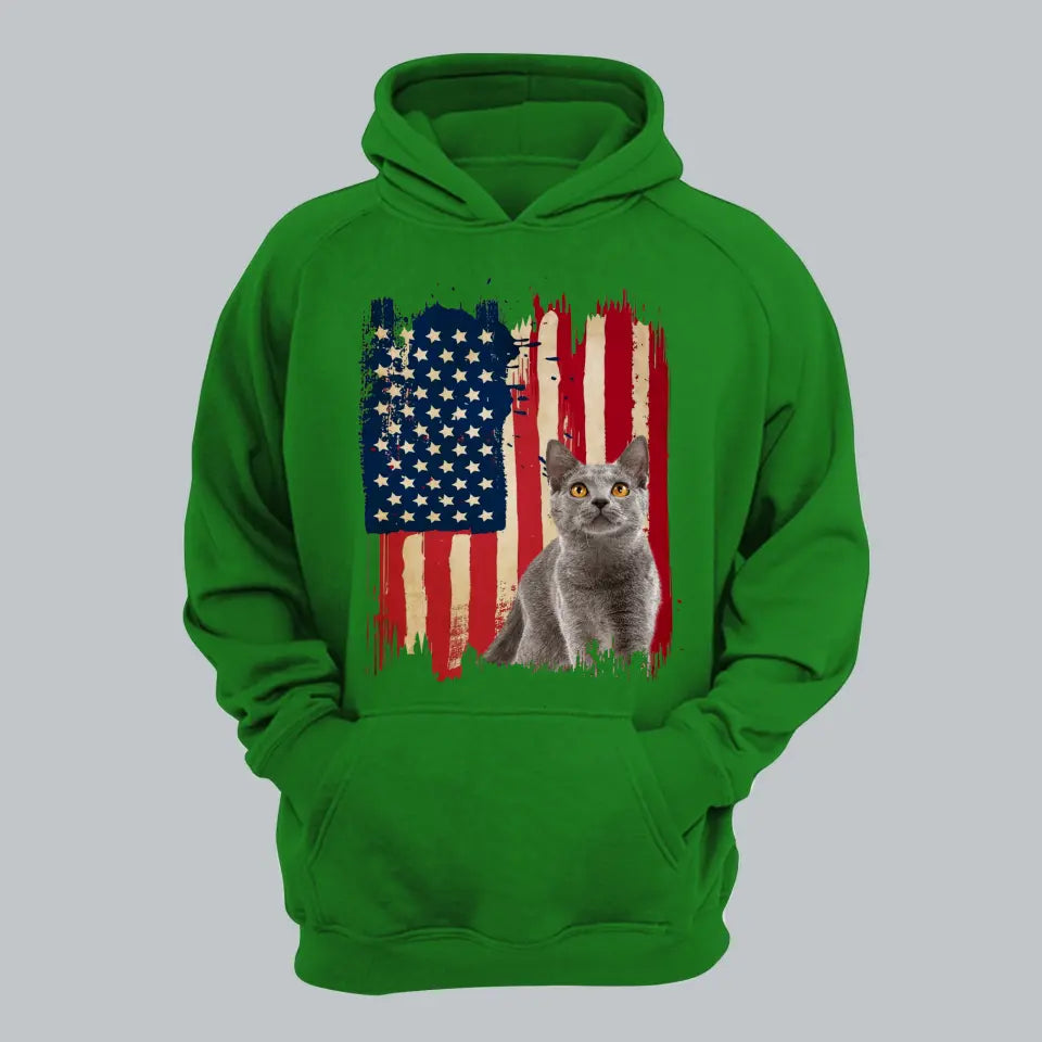 Personalized Upload Your Cat Photo US Flag Background Hoodie 2D Printed KVH231362