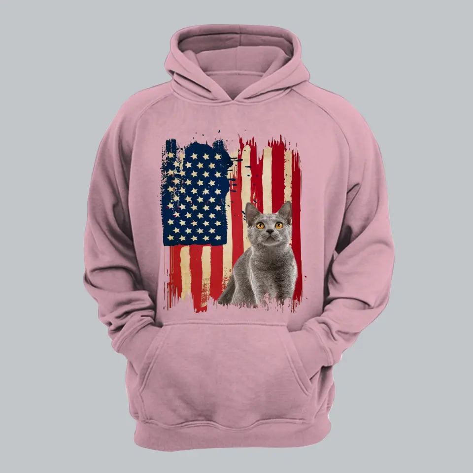 Personalized Upload Your Cat Photo US Flag Background Hoodie 2D Printed KVH231362