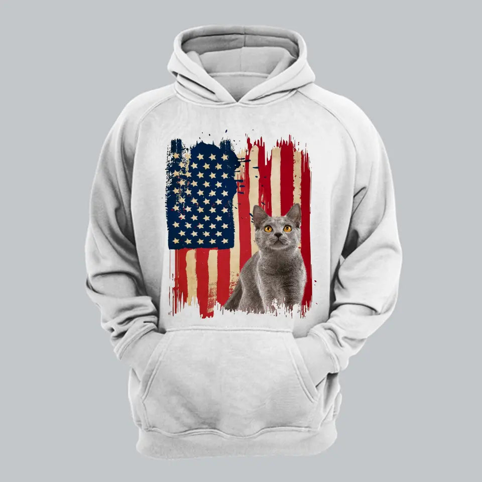 Personalized Upload Your Cat Photo US Flag Background Hoodie 2D Printed KVH231362