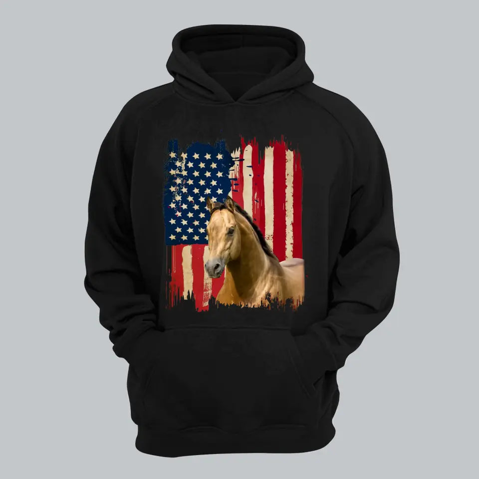 Personalized Upload Your Horse Photo US Flag Background Hoodie 2D Printed KVH231362