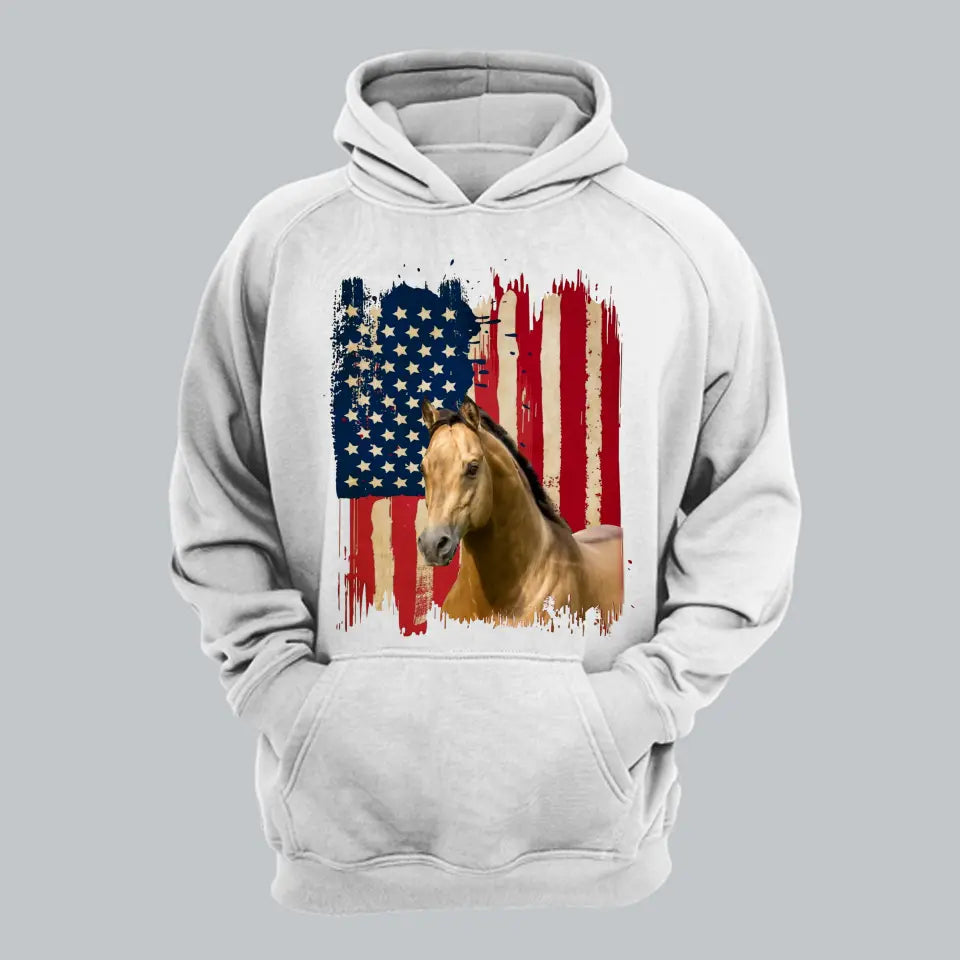 Personalized Upload Your Horse Photo US Flag Background Hoodie 2D Printed KVH231362