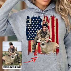 Personalized Upload Your Photo Deer Hunting US Flag Background Hoodie 2D Printed KVH231457