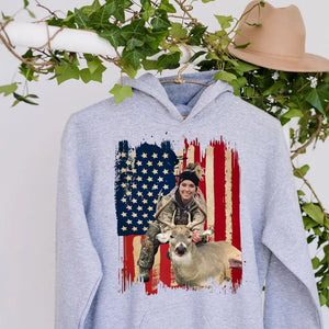 Personalized Upload Your Photo Deer Hunting US Flag Background Hoodie 2D Printed KVH231457