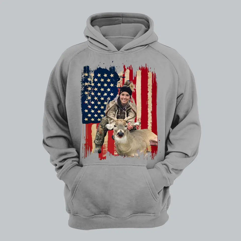 Personalized Upload Your Photo Deer Hunting US Flag Background Hoodie 2D Printed KVH231457