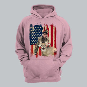 Personalized Upload Your Photo Deer Hunting US Flag Background Hoodie 2D Printed KVH231457