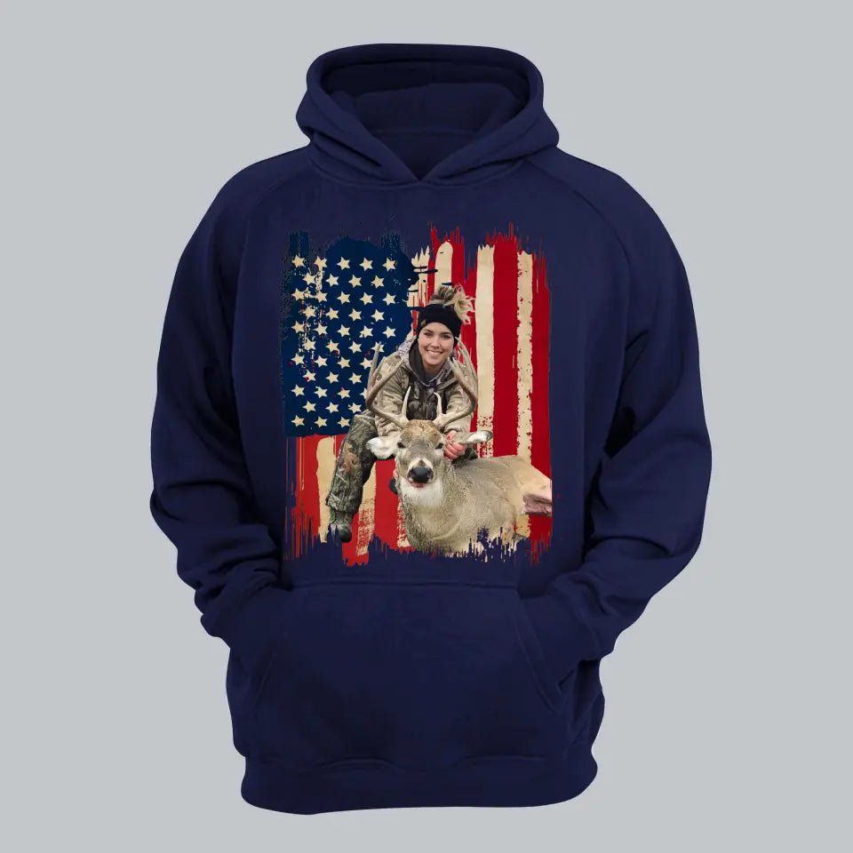 Personalized Upload Your Photo Deer Hunting US Flag Background Hoodie 2D Printed KVH231457