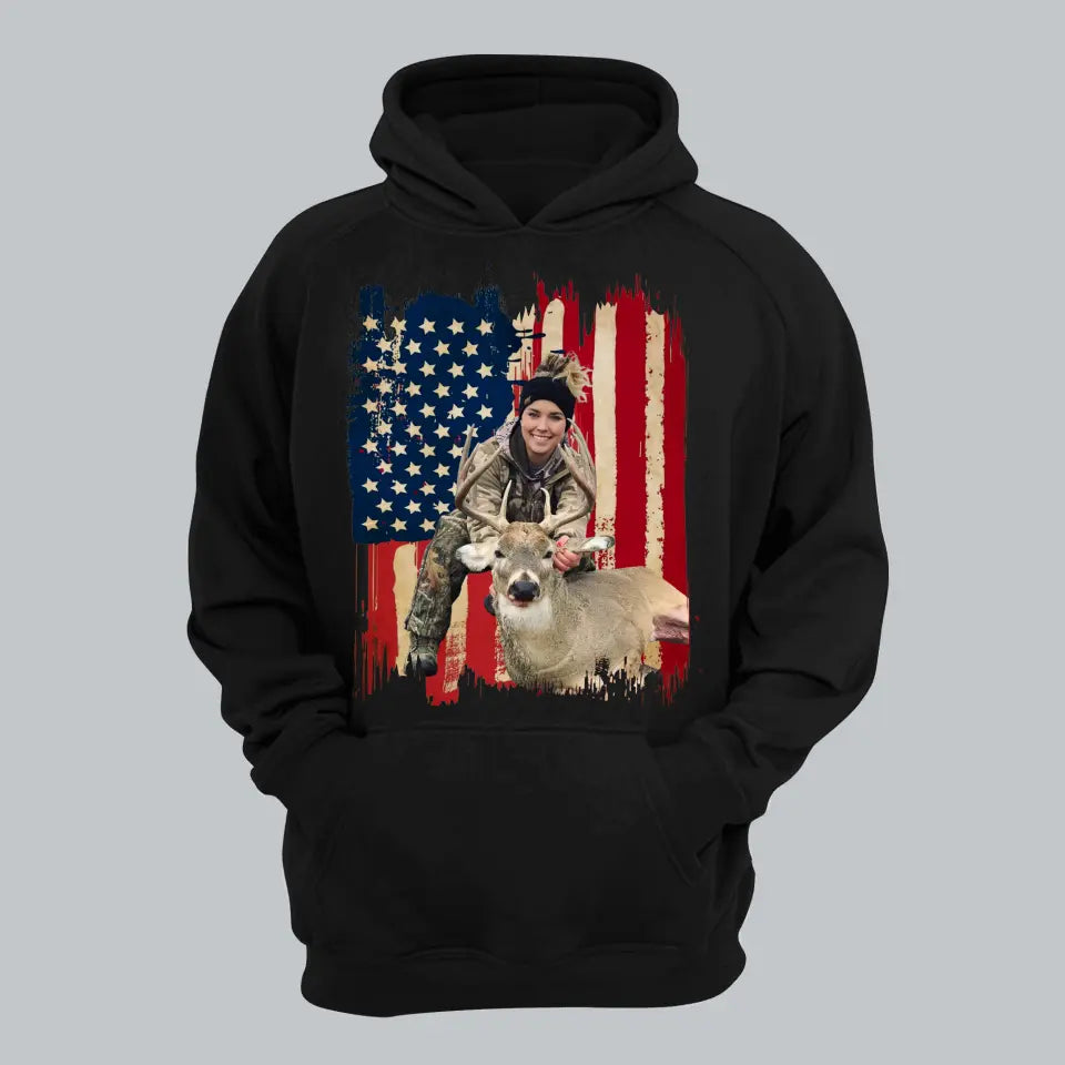 Personalized Upload Your Photo Deer Hunting US Flag Background Hoodie 2D Printed KVH231457