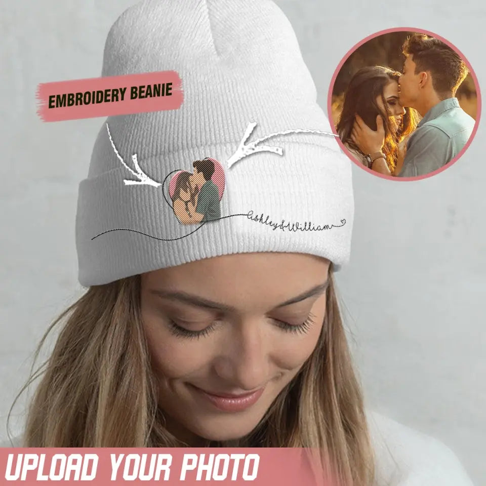 Personalized Upload Your Photo Couple Custom Name Embroidered Beanie Printed VQ231557