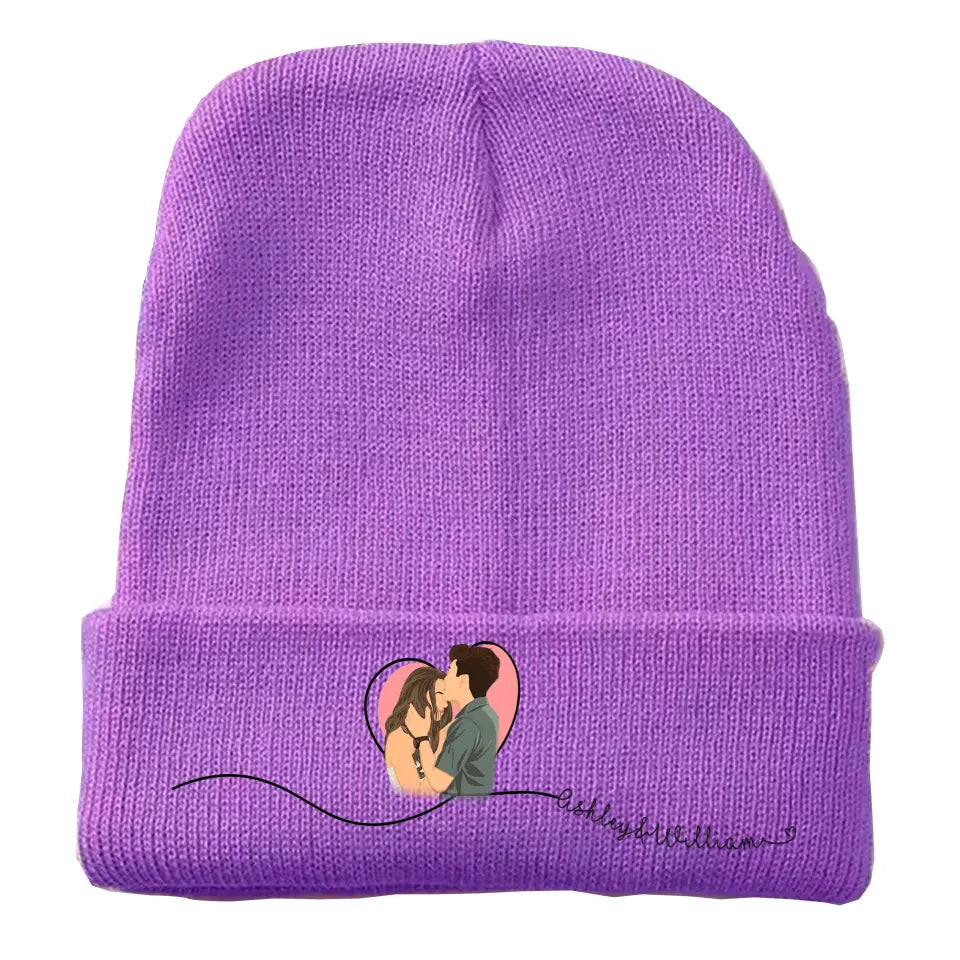 Personalized Upload Your Photo Couple Custom Name Embroidered Beanie Printed VQ231557