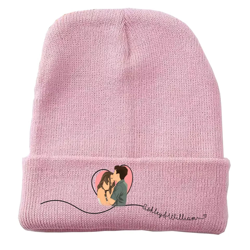 Personalized Upload Your Photo Couple Custom Name Embroidered Beanie Printed VQ231557