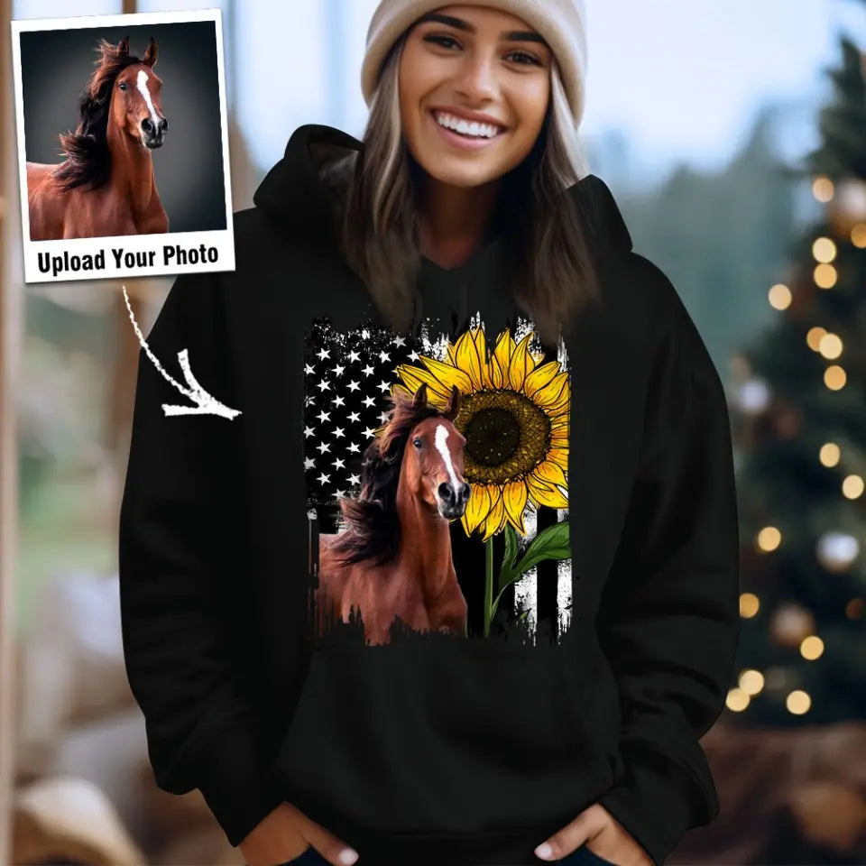 Personalized Upload Horse Photo Sunflower Flag Hoodie 2D Printed QTHN1657