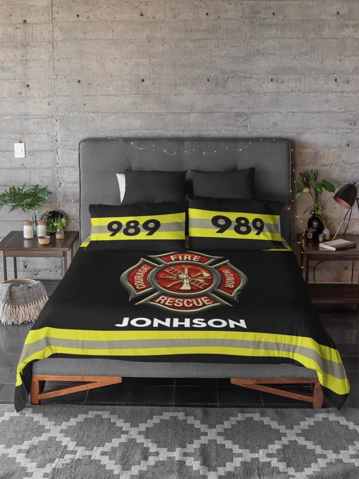 Personalized Firefighter Custom Name & Badge Number Bedding Set Printed QTKH1702