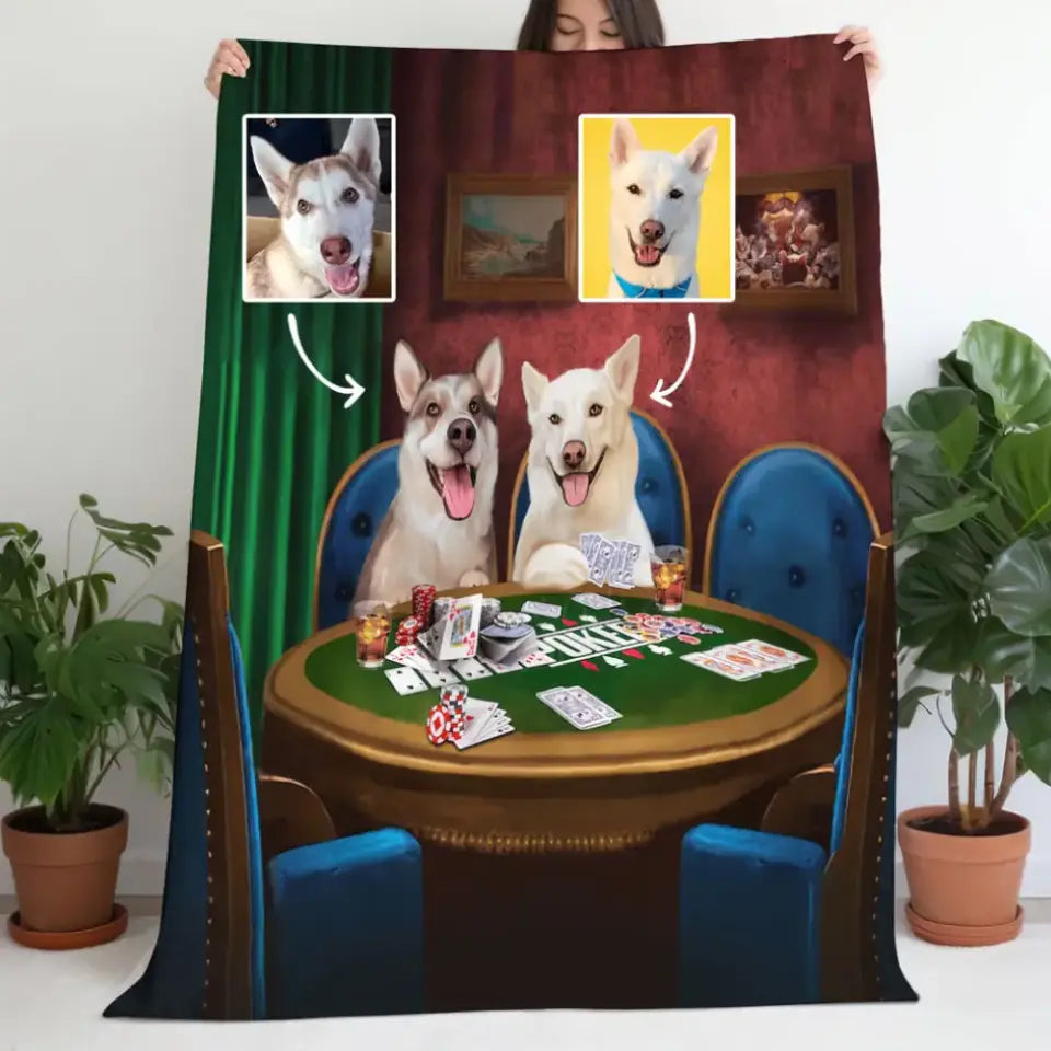 Personalized Upload Your Dog Photo Dogs Playing Poker Sherpa or Fleece Blanket Printed LVA2435