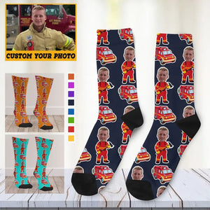 Personalized Upload Your Photo Firefighter Gift Crew Socks Printed QTLVA24117