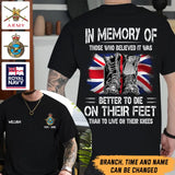 Personalized In Memory Of Those Who Believed It Was Better To Die On Their Feet Than To Live On Their Knees UK Veteran T-shirt Printed QTHN24122