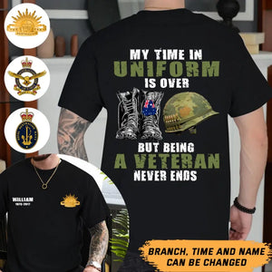 Personalized My Time In Uniform Is Over But Being A Veteran Never Ends Australian Veteran T-shirt Printed LAHHN24140