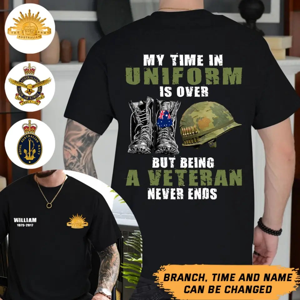 Personalized My Time In Uniform Is Over But Being A Veteran Never Ends Australian Veteran T-shirt Printed LAHHN24140