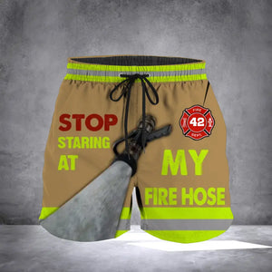 Personalized Stop Staring At My Fire Hose Firefighter Gift Custom ID Beach Short Pants Printed LVA24205