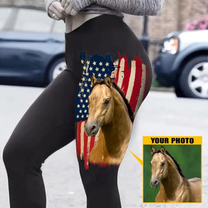 Personalized Upload Your Horse Photo US Flag Legging Printed QTLVA24277