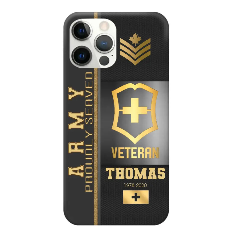 Personalized Army Proudly Served Swiss Veteran Gold Rank Camo Phonecase Printed AHVQ24295