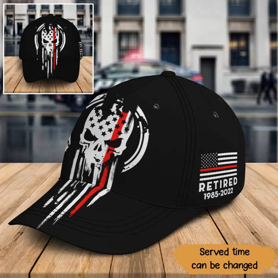 Personalized Retired Firefighter Thin Red Line Skull Black Cap Printed QTKH24312